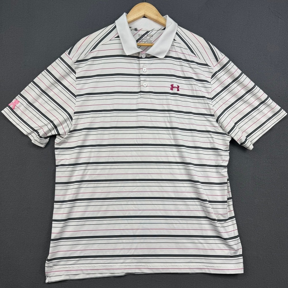 Under Armour Polo Shirt Men's Size XL Pink Ribbon Stripe HeatGear Loose Fit